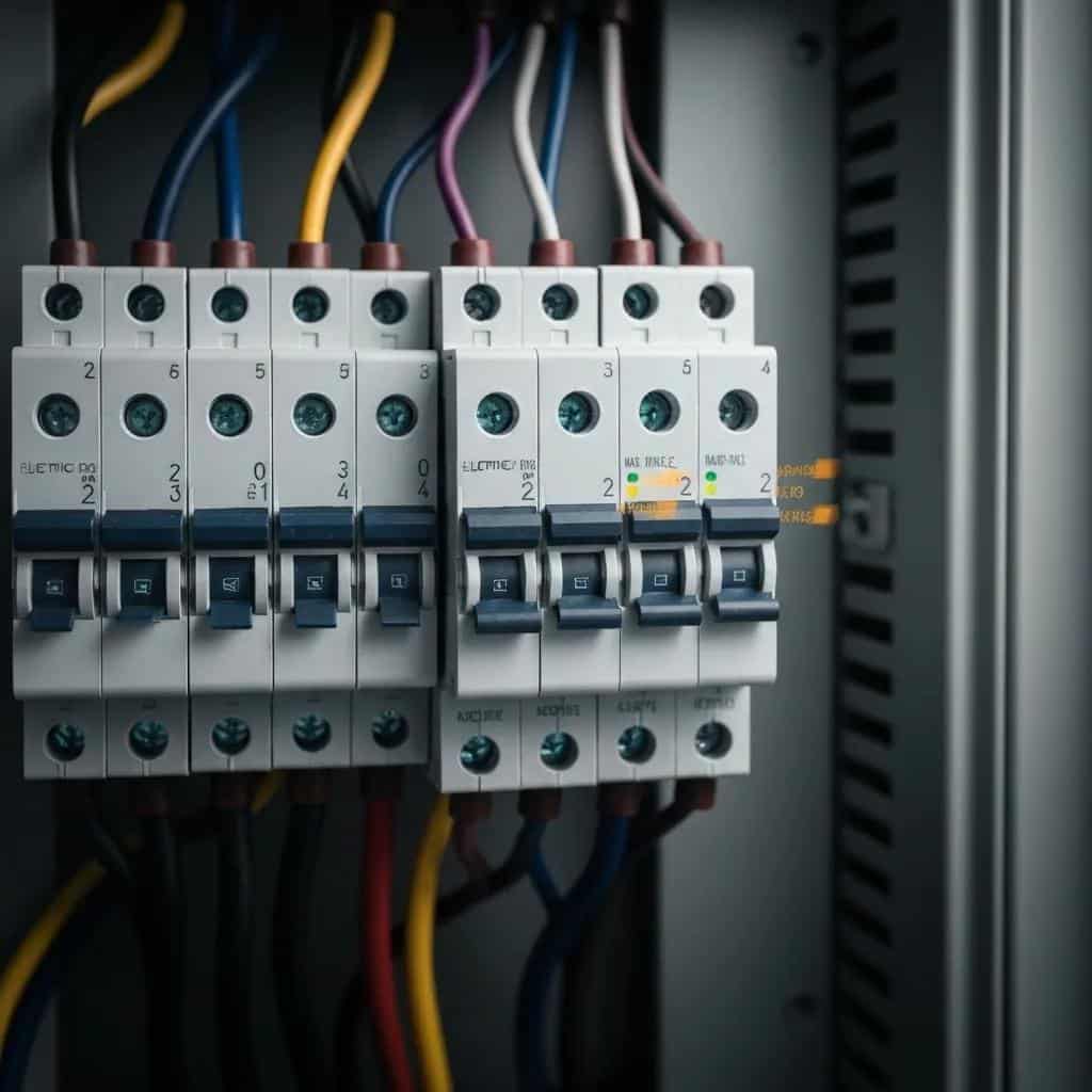 Residential electrical panel with modern circuit breakers, showcasing overloaded circuits and wiring, emphasizing the need for capacity upgrades to meet contemporary appliance demands.