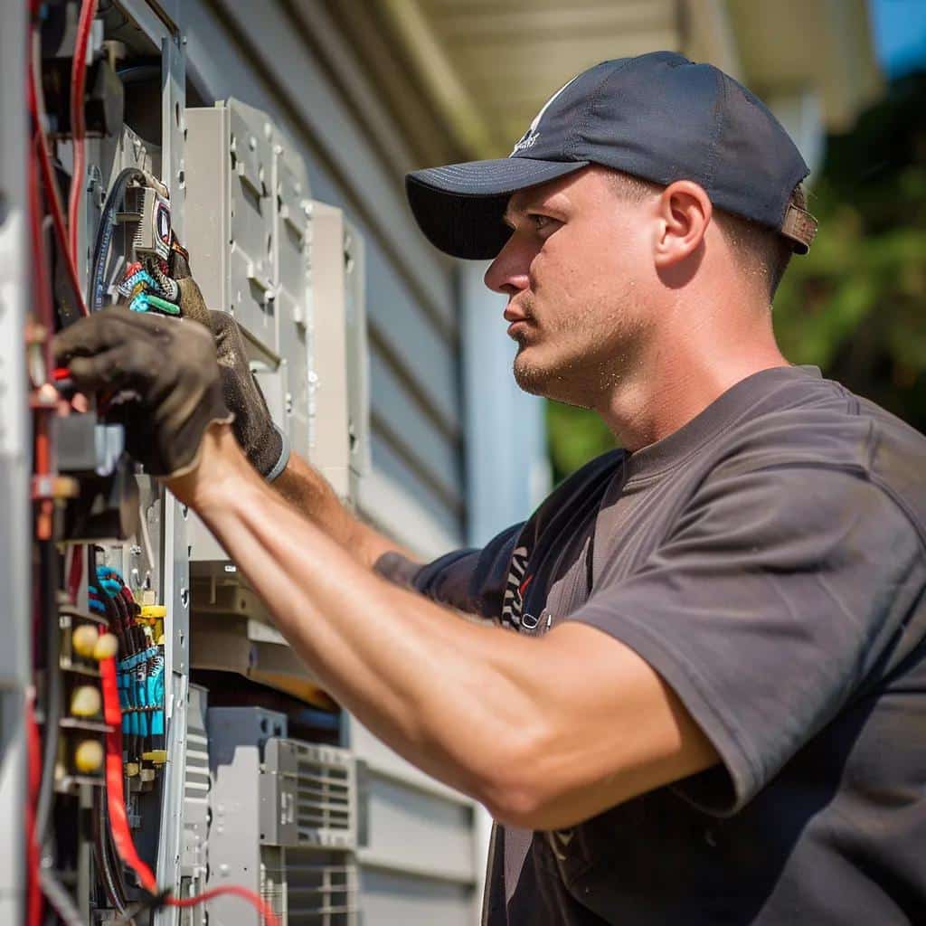 Electrician installing a whole house generator system, focusing on wiring and connections, ensuring reliable backup power for homes during outages.