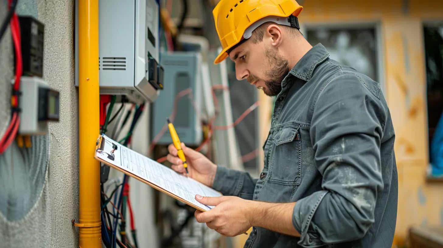 Technician in a yellow hard hat inspecting electric meter installation, reviewing documentation and safety protocols in a residential setting.