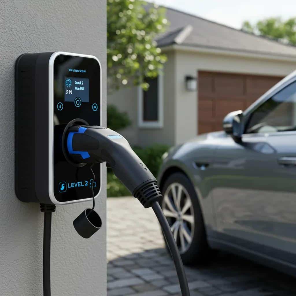 Level 2 electric vehicle charger installed in a residential garage