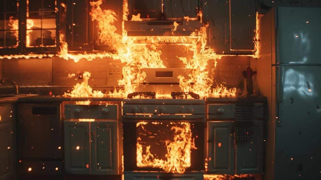 Kitchen engulfed in flames, highlighting the dangers of electrical fires and the importance of AFCI breakers for safety.