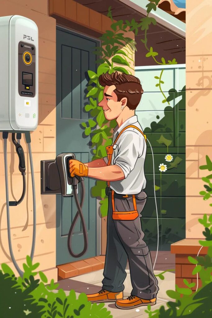 Electrician installing an EV charger on a residential wall, surrounded by greenery, demonstrating the installation process for electric vehicle charging solutions.