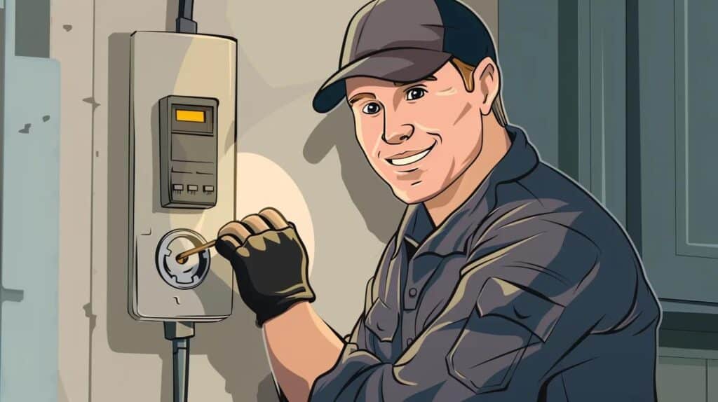 cartoon of a handsome professional emergency electrician in iowa working on an electrical outlet home