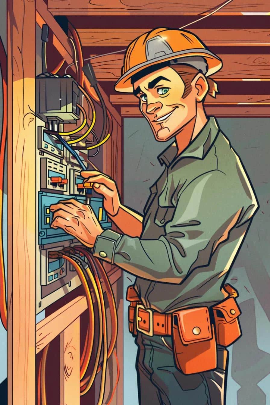 cartoon of a handsome professional electrician in iowa working on Smart Home Wiring