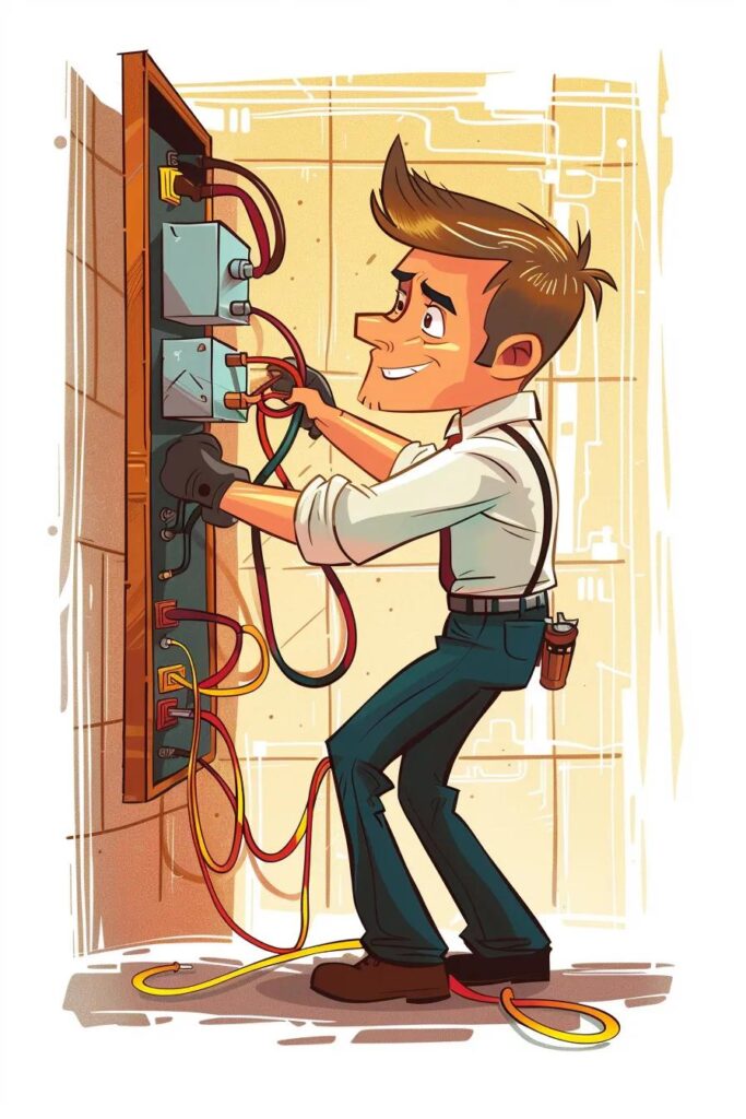 cartoon of a handsome professional  electrician in iowa working on Smart Home Wiring