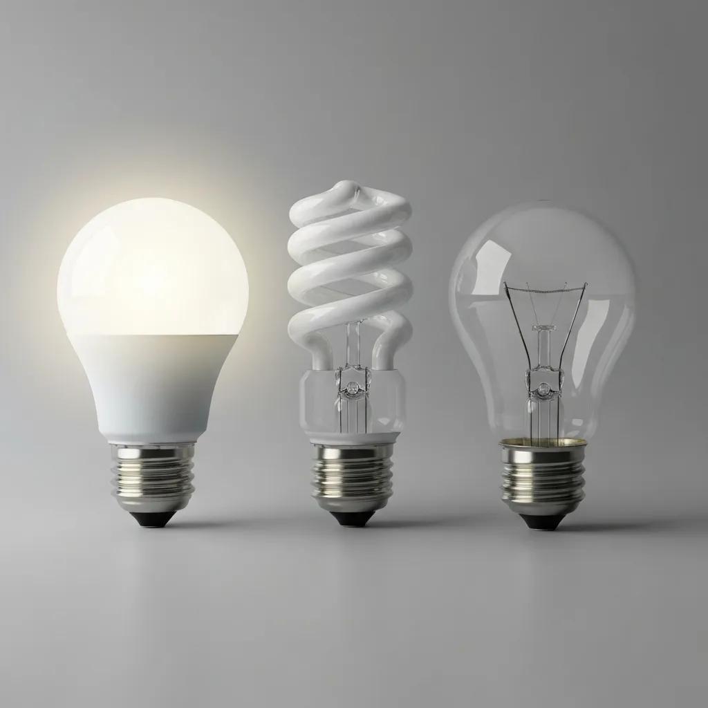 Comparison of LED, CFL, and incandescent light bulbs showcasing their distinct designs and energy efficiency, emphasizing the superior efficiency and longevity of LEDs.