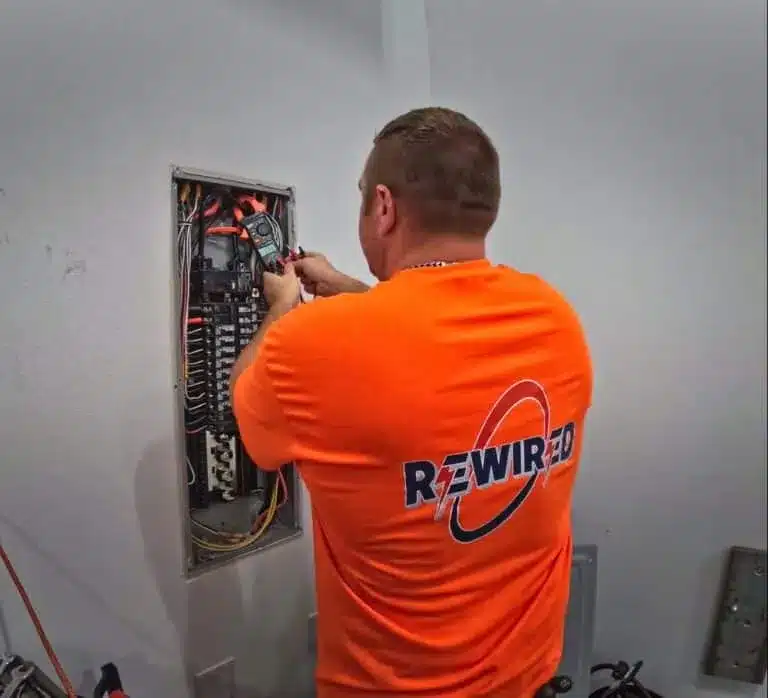Electrician in orange Rewired Iowa shirt inspecting an electrical panel with a multimeter, demonstrating professional electrical work and safety compliance.