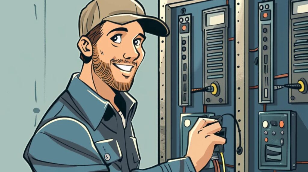 Electrician smiling while working on electrical panel, illustrating AFCI breaker installation and safety compliance.