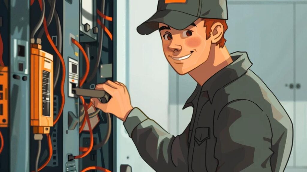 cartoon of a handsome professional emergency electrician in iowa working on an small residential Zinsco electrical panel with a single line of breakers