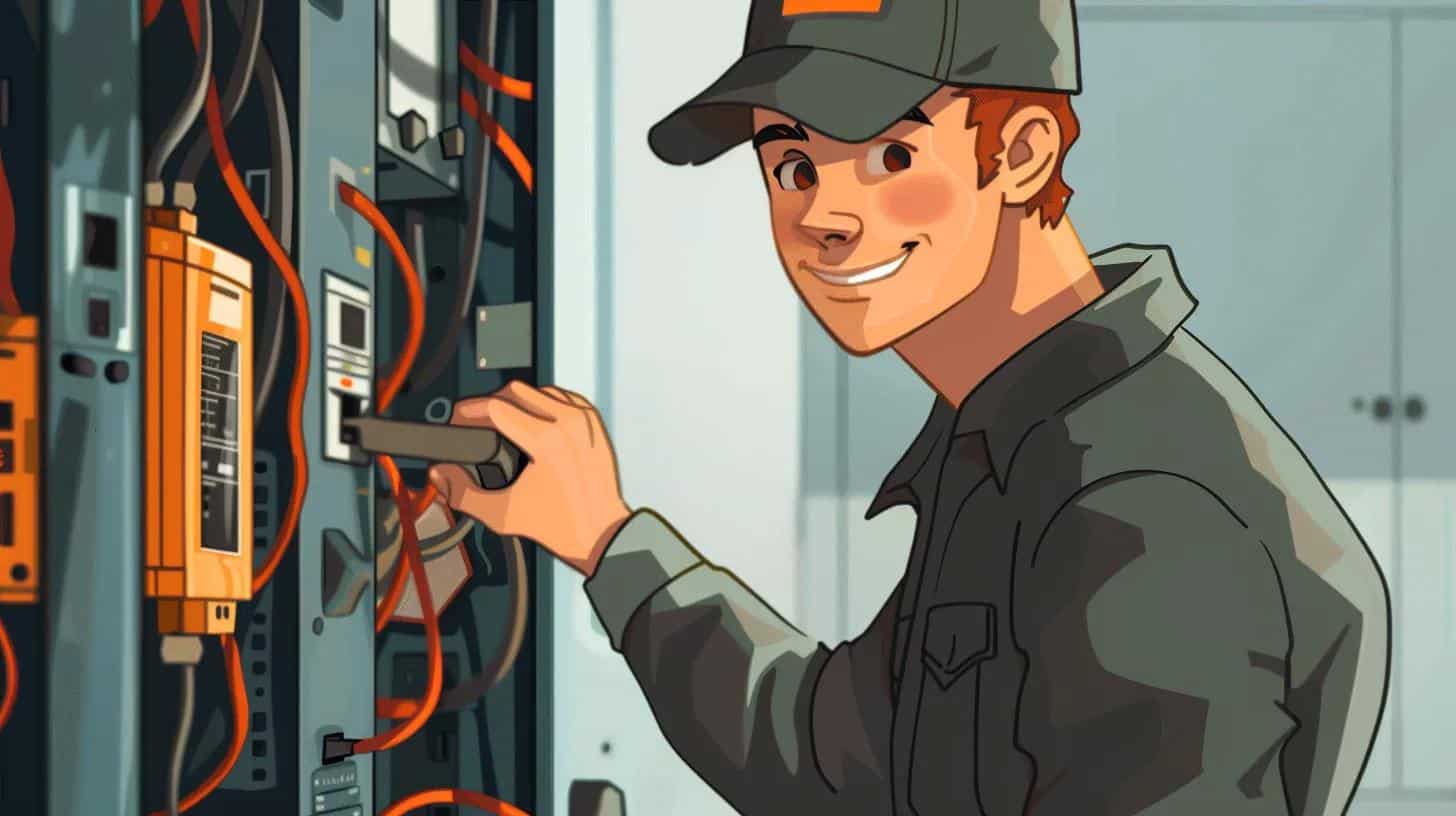 cartoon of a handsome professional emergency electrician in iowa working on an small residential Zinsco electrical panel with a single line of breakers