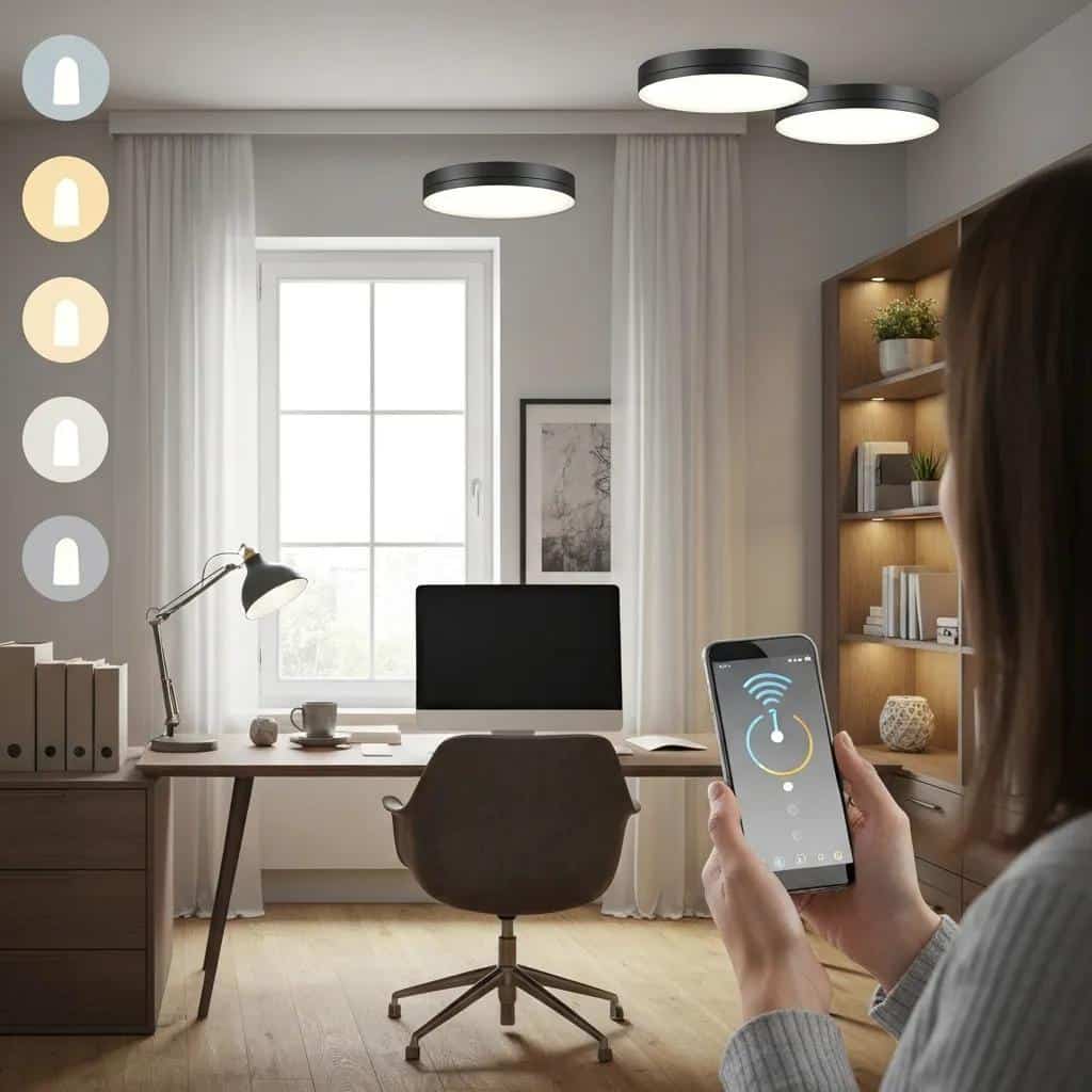 Home office featuring smart lighting solutions, user adjusting lighting via smartphone, modern desk setup with computer and lamp, showcasing energy-efficient LED technology and automation features.