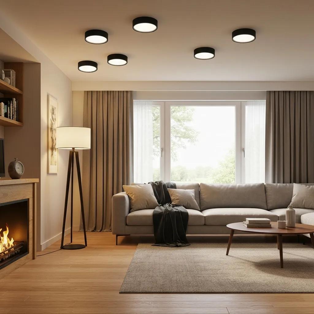 Living room with energy-efficient LED lighting fixtures creating a warm and inviting atmosphere