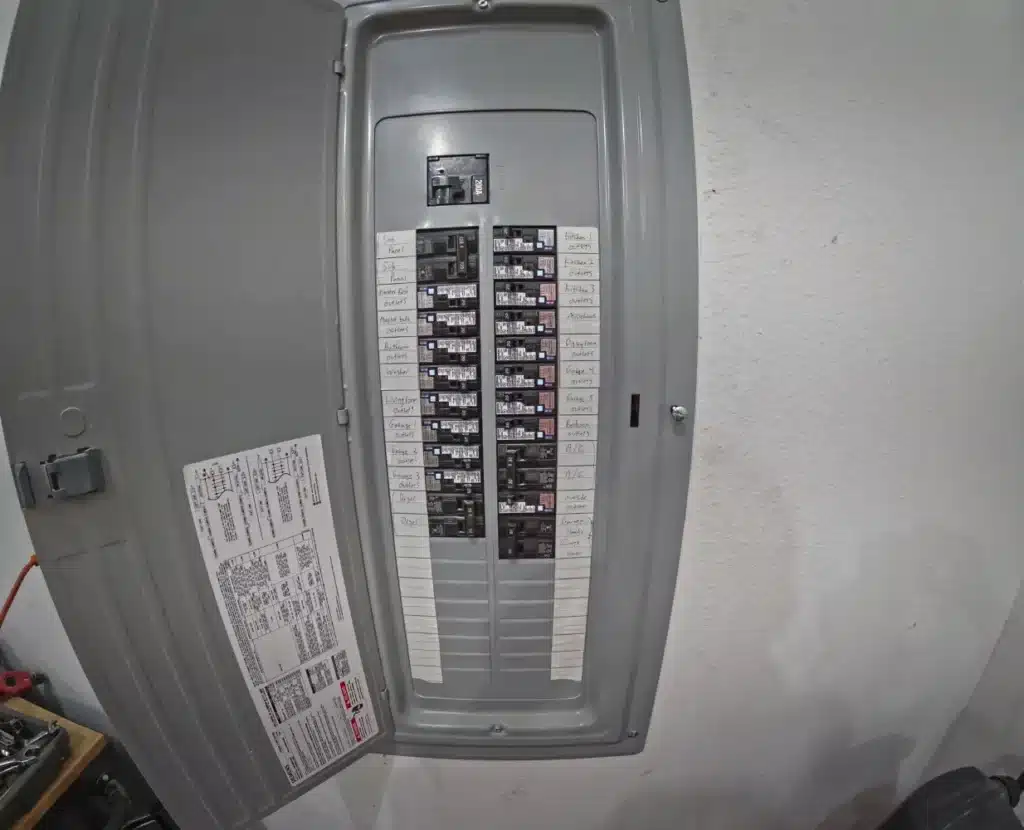 Electrical panel with labeled circuit breakers, showcasing proper electrical infrastructure for optimizing EV charging station reliability.