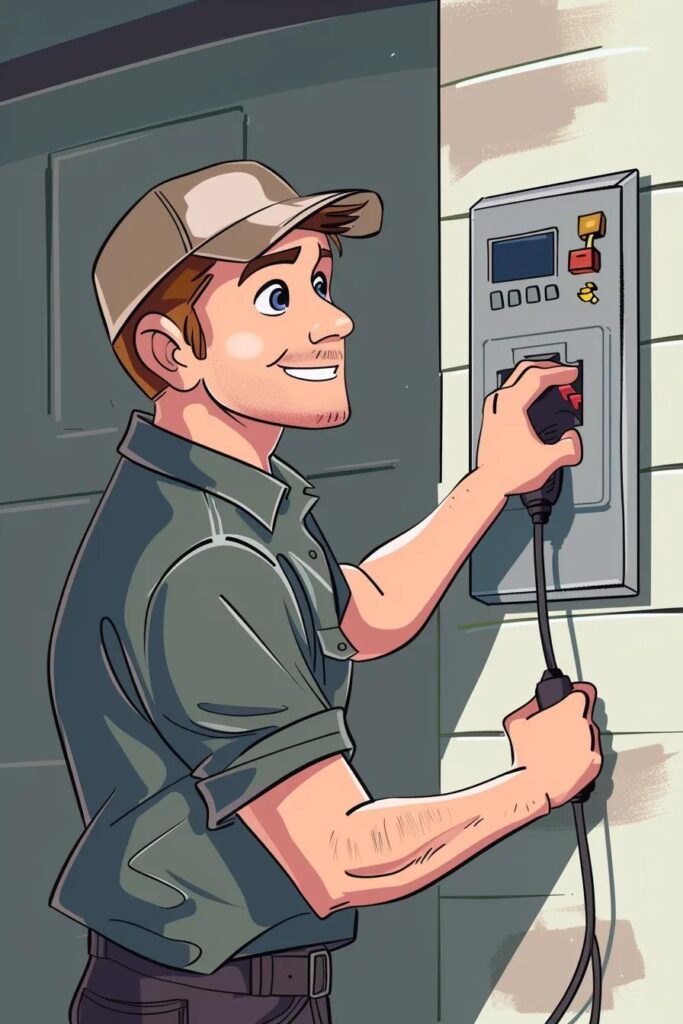 cartoon of a handsome professional emergency electrician in iowa working on an ev charging station at home