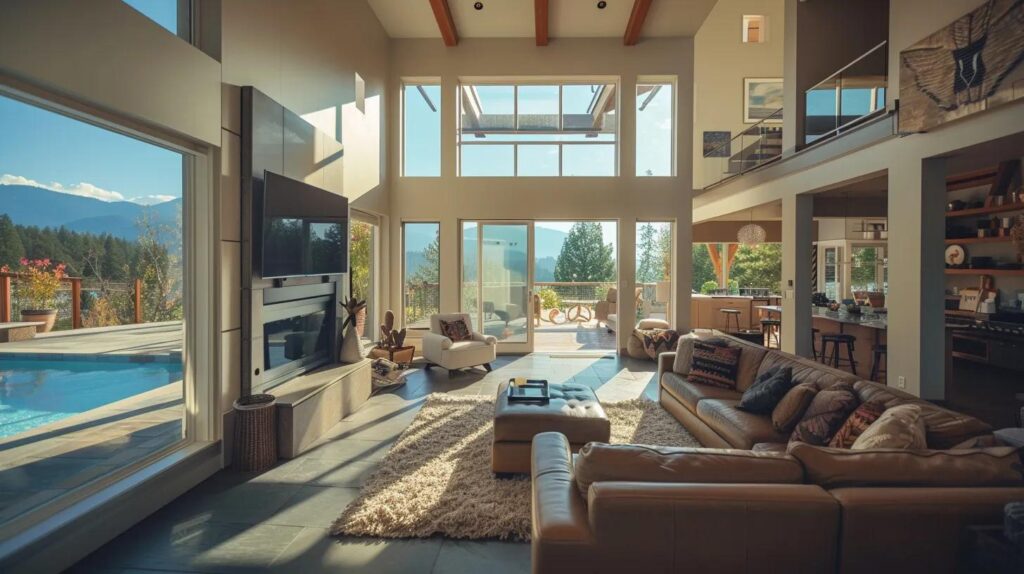 Spacious modern living room with large windows, leather sectional sofa, and a view of mountains and pool, emphasizing comfort and natural light for Wi-Fi and camera system reliability.