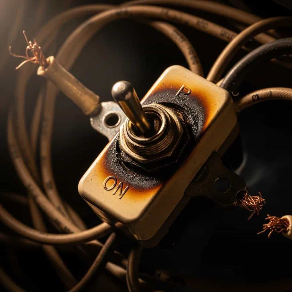 Old electrical switch showing signs of overheating, with burned contacts and frayed wires, surrounded by electrical cables.