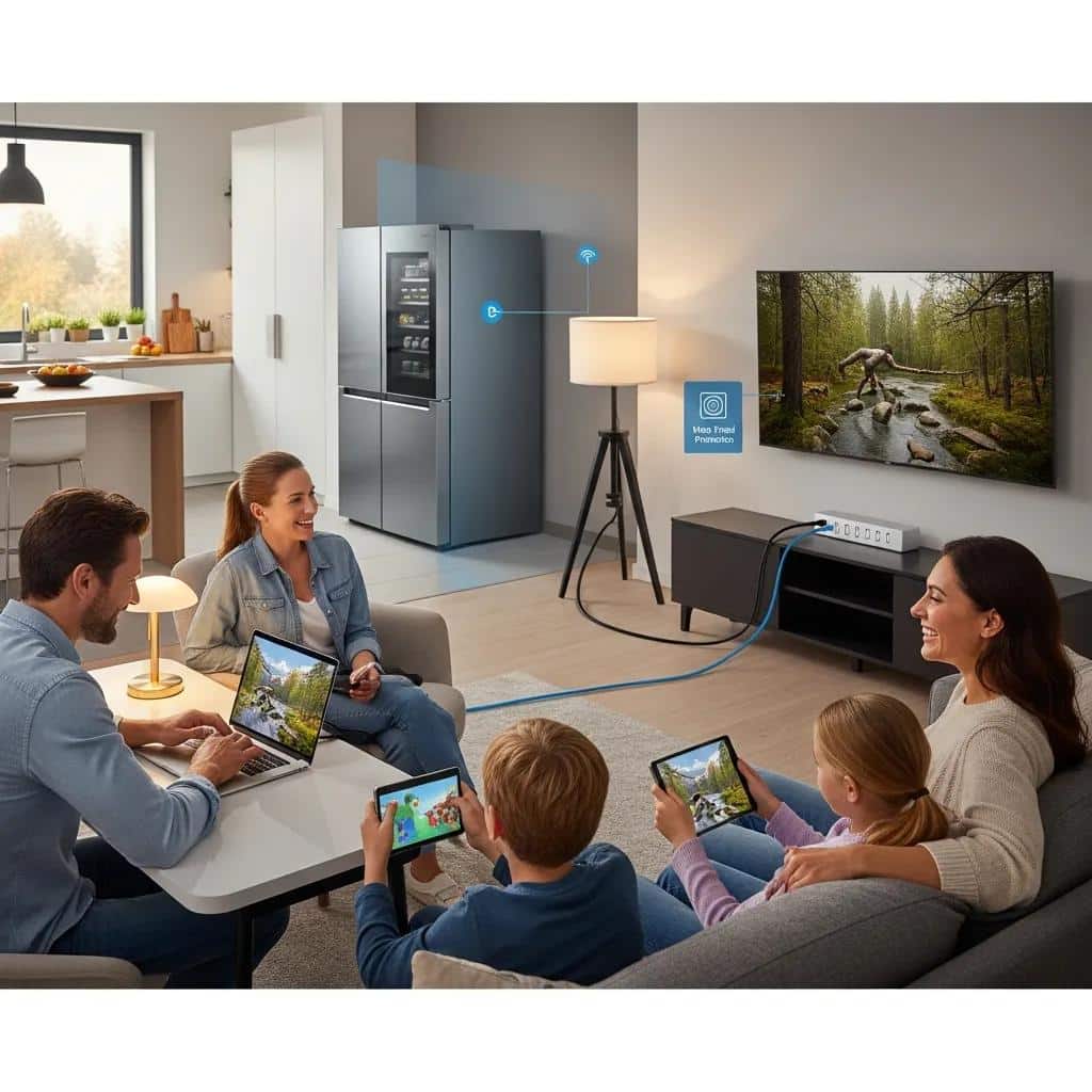 Family enjoying their home with electronic devices, highlighting the benefits of surge protection for appliances and electronics.