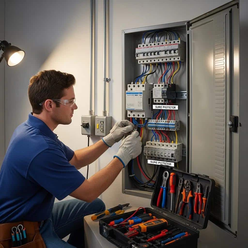 Licensed electrician installing a whole house surge protector in a main electrical panel, showcasing professional installation with tools and equipment nearby.
