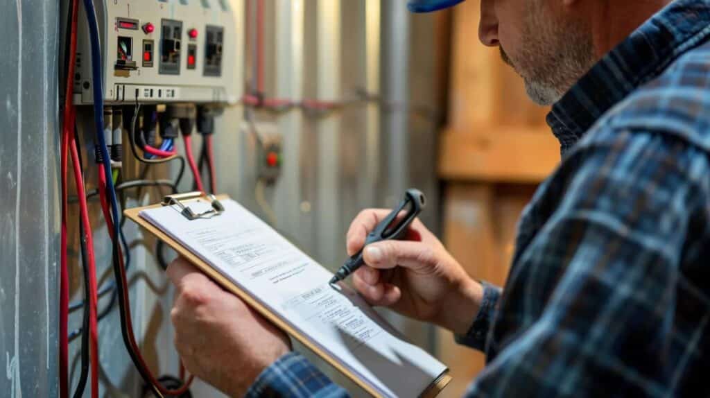 Electrician performing a detailed home safety inspection with a voltage tester and clipboard