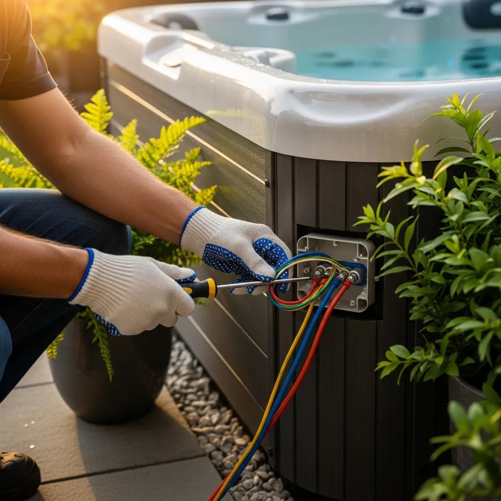 Electrician installing hot tub wiring in a backyard, emphasizing safety and professionalism