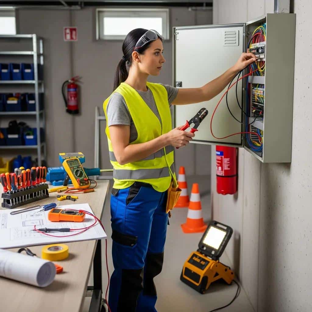 Electrician working on a residential electrical panel, highlighting professional electrical services
