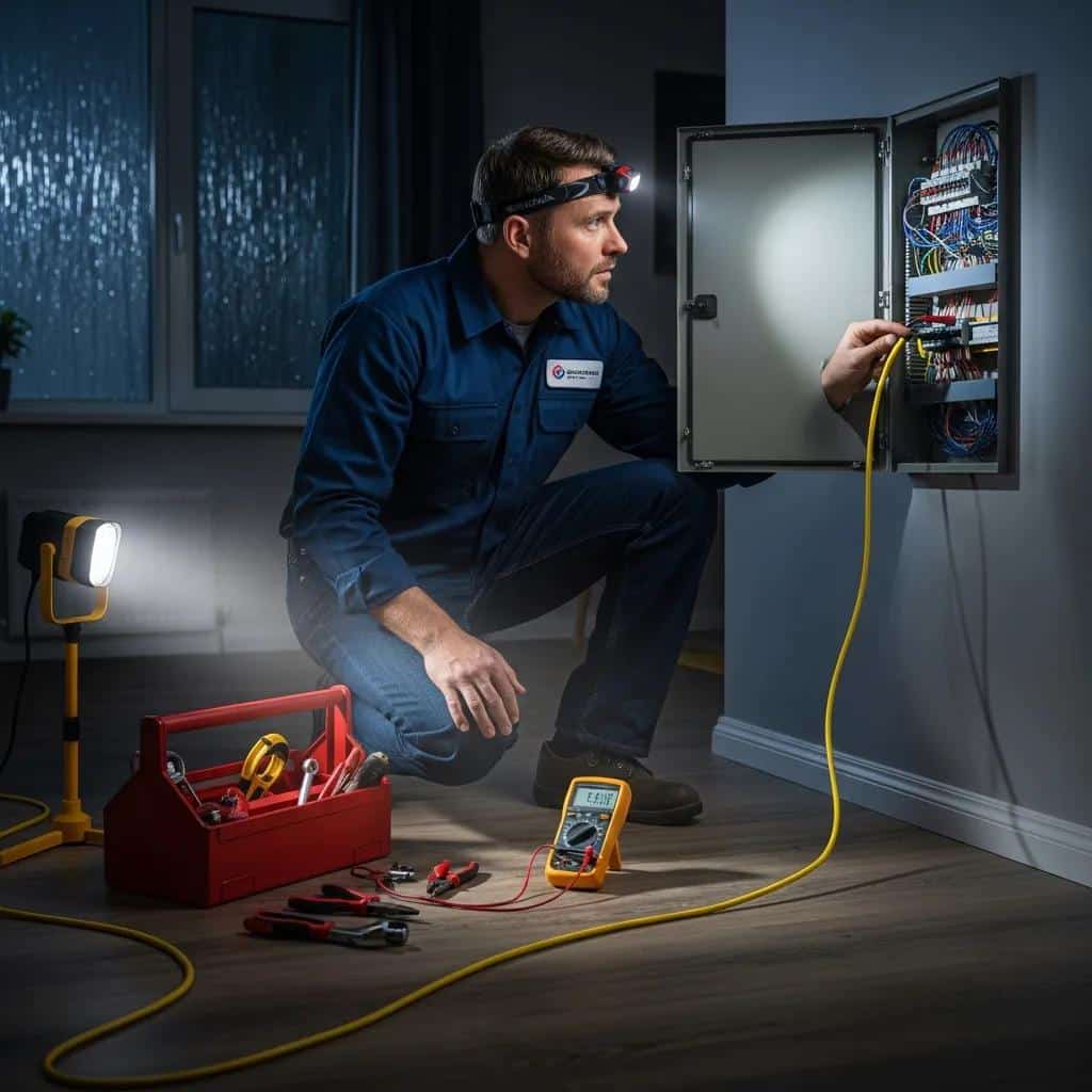 Emergency electrician assessing a power outage in a home, highlighting the need for urgent electrical repairs