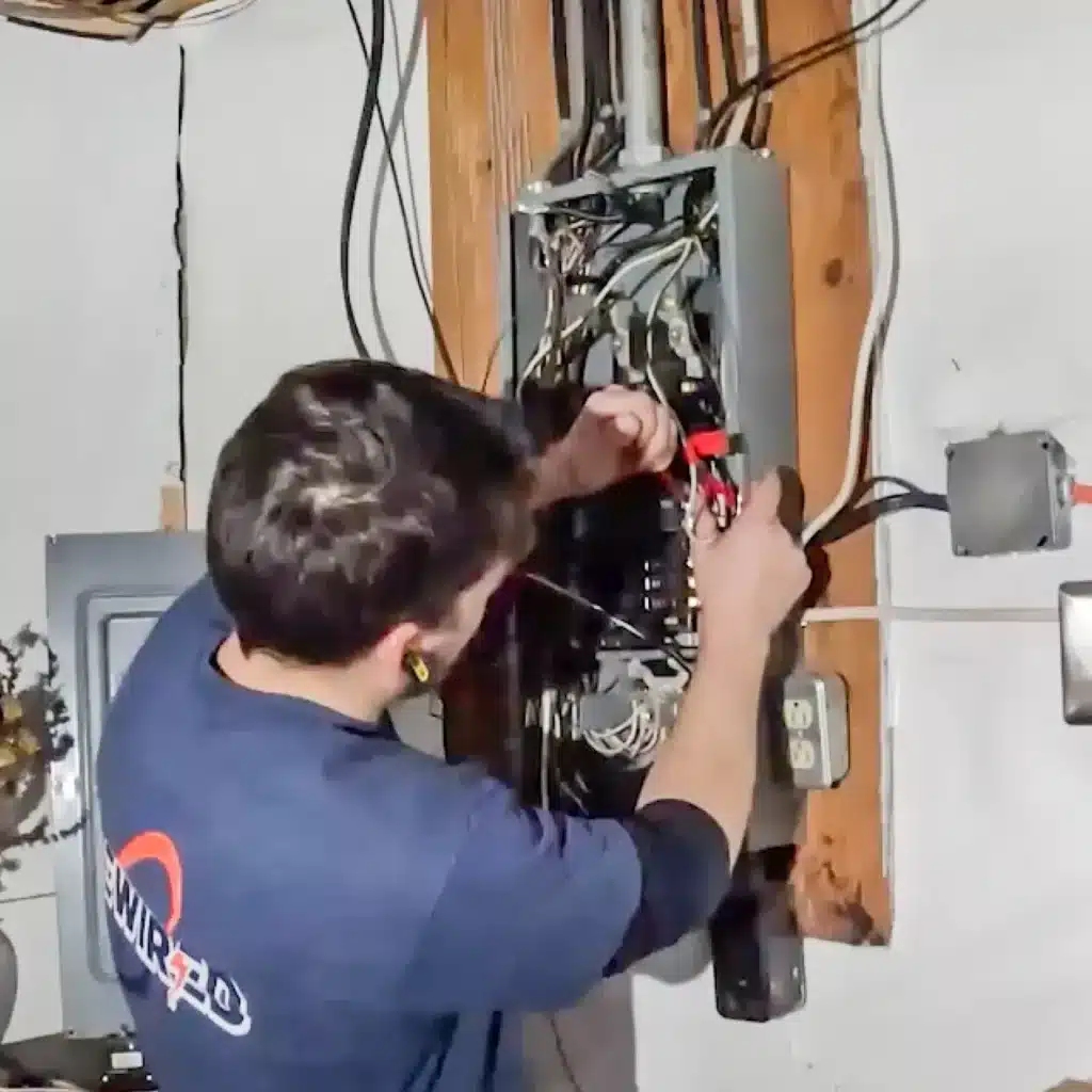 Electrician installing a 200 amp electrical panel in a residential home