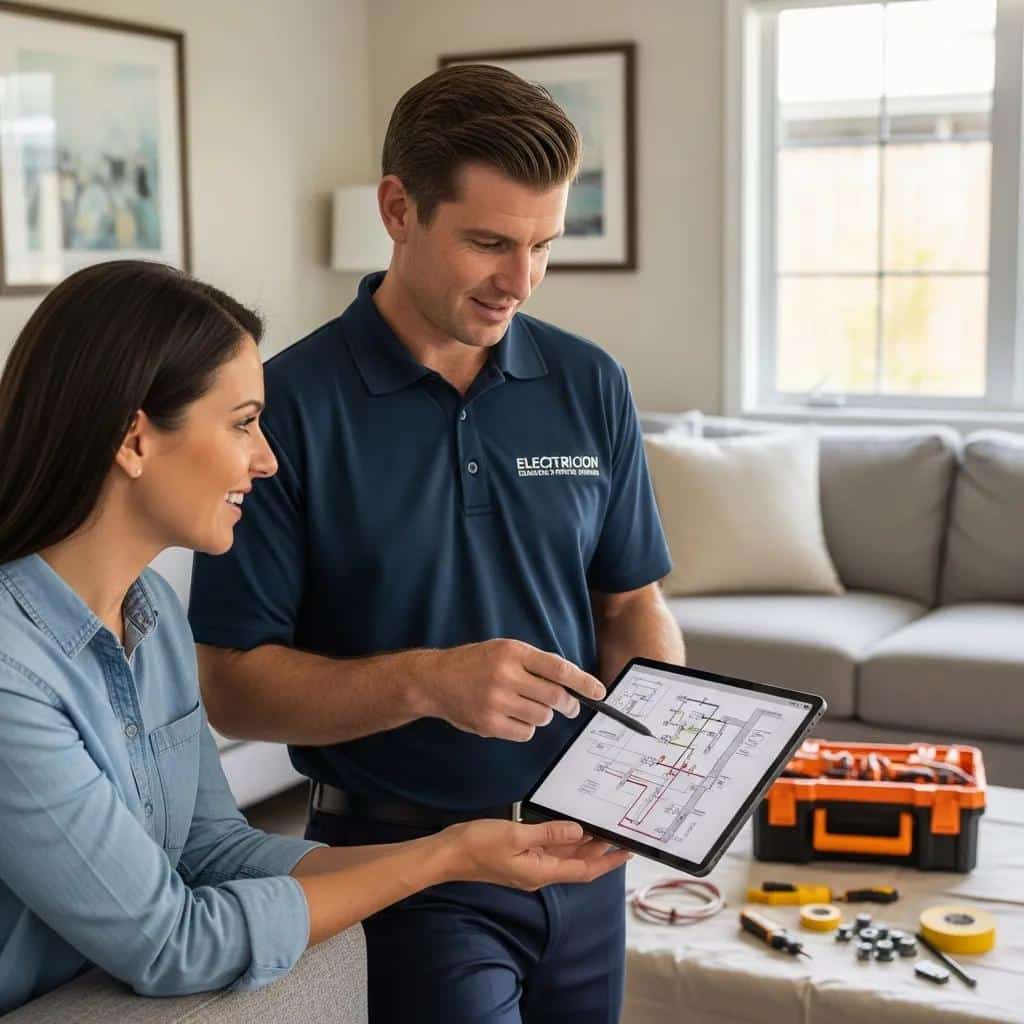 Licensed electrician consulting with homeowner about electrical upgrades in a modern living room