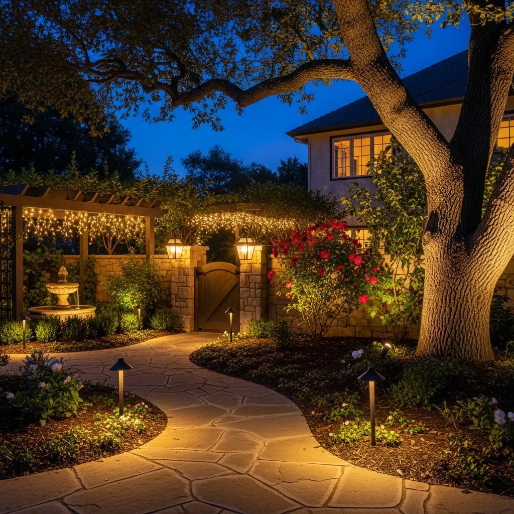 Outdoor lighting solutions enhancing a residential garden at dusk