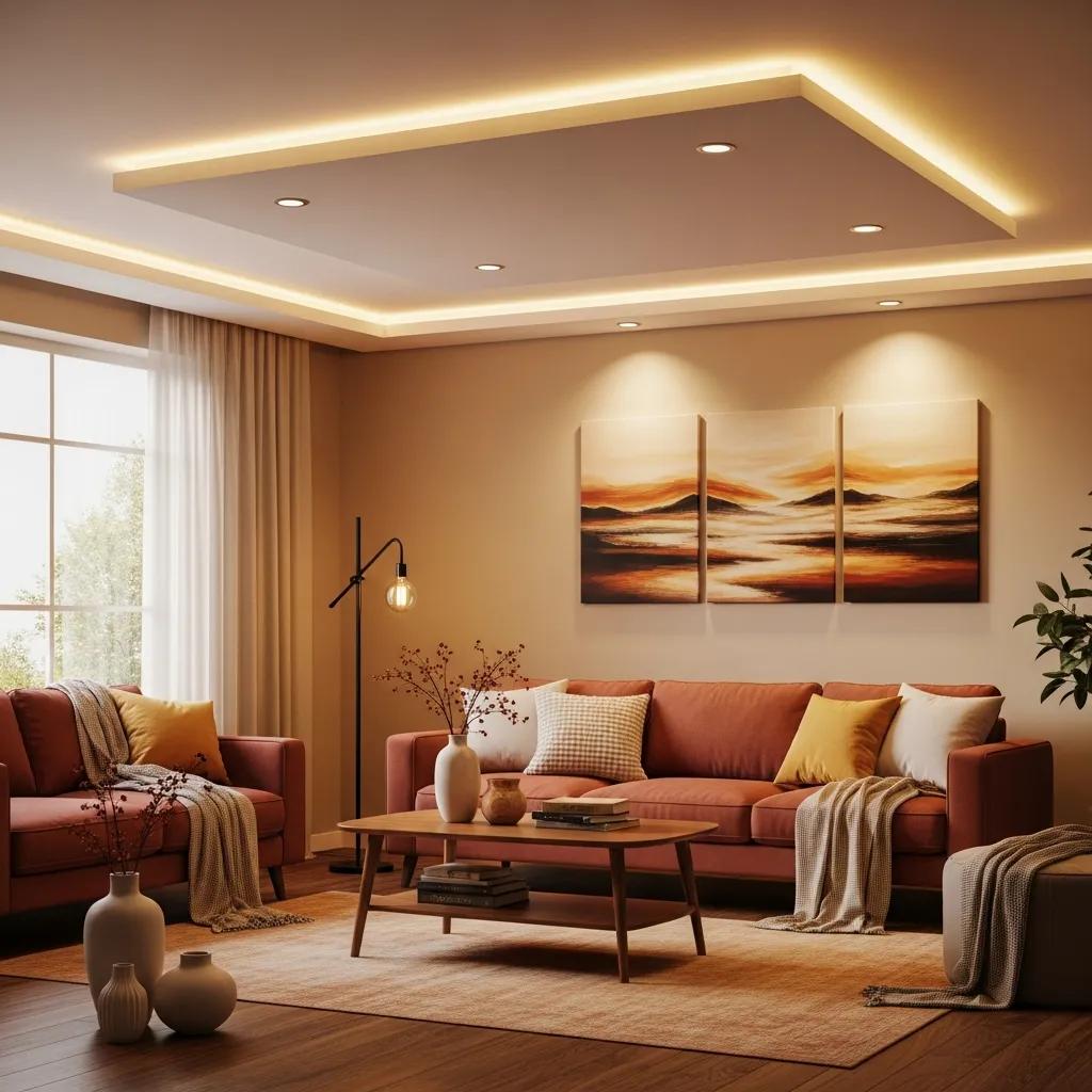 Cozy living room with energy-efficient LED lighting enhancing the ambiance