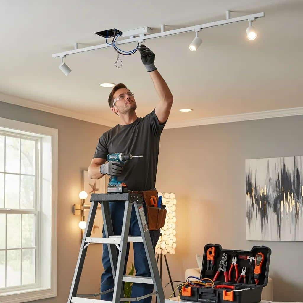 Electrician installing modern light fixture in a well-lit home