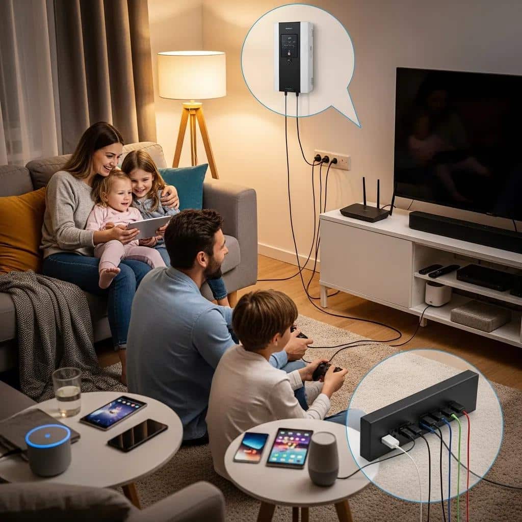 Family enjoying electronics safely at home with surge protection devices