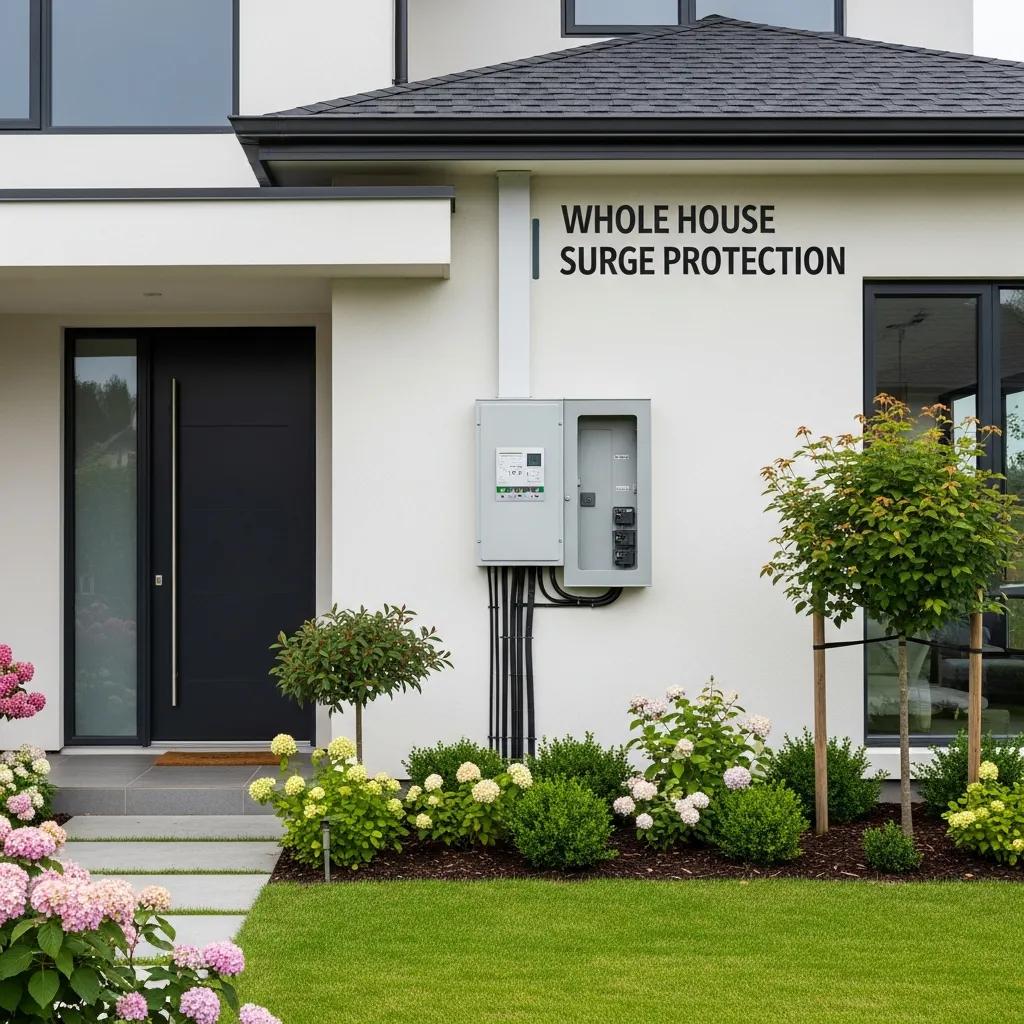 Modern home with whole house surge protector at main electrical panel