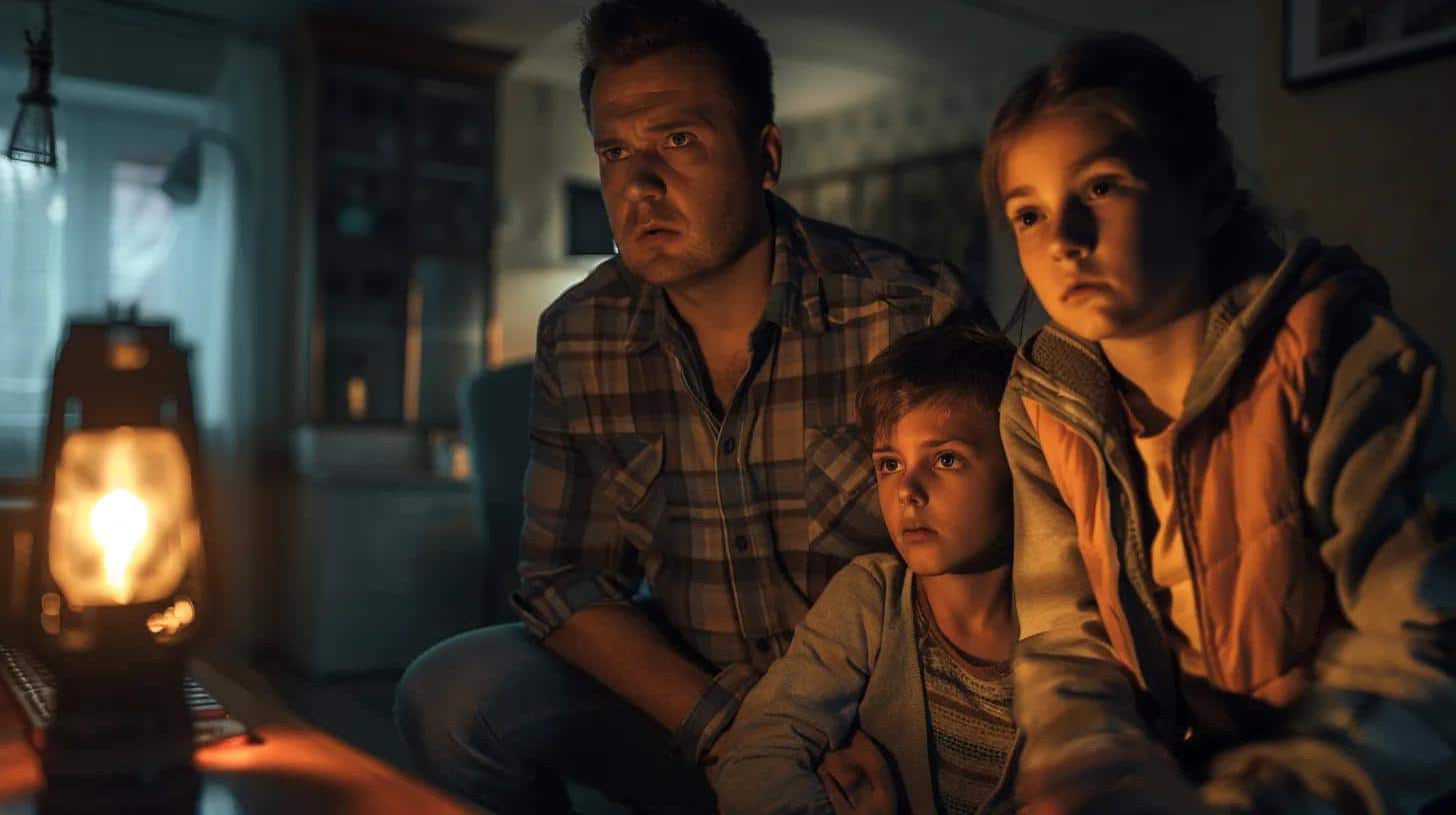 Family practicing safety during an electrical emergency at home