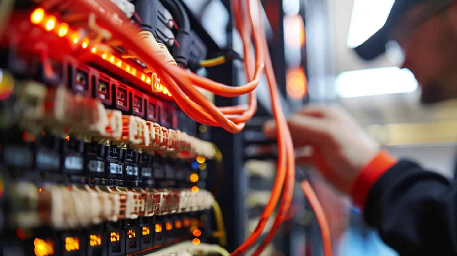 Close-up of structured cabling installation in a server room, emphasizing organization and technology