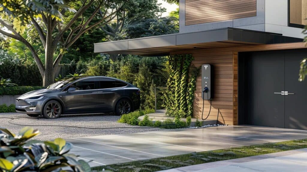 Home EV charger installation showcasing a modern charger on a house with an electric vehicle
