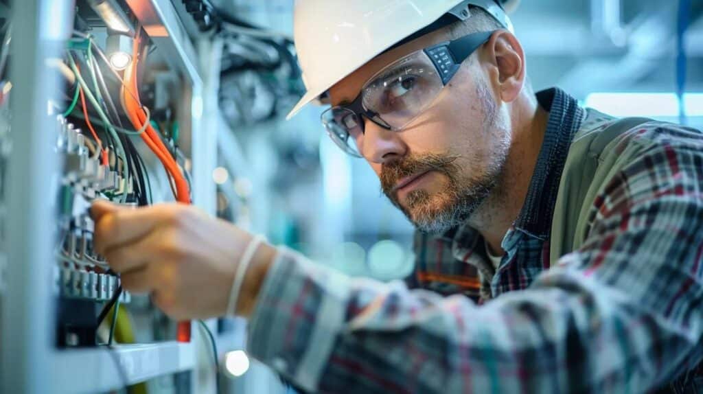 Commercial electrical contractor installing lighting fixtures in a modern office environment