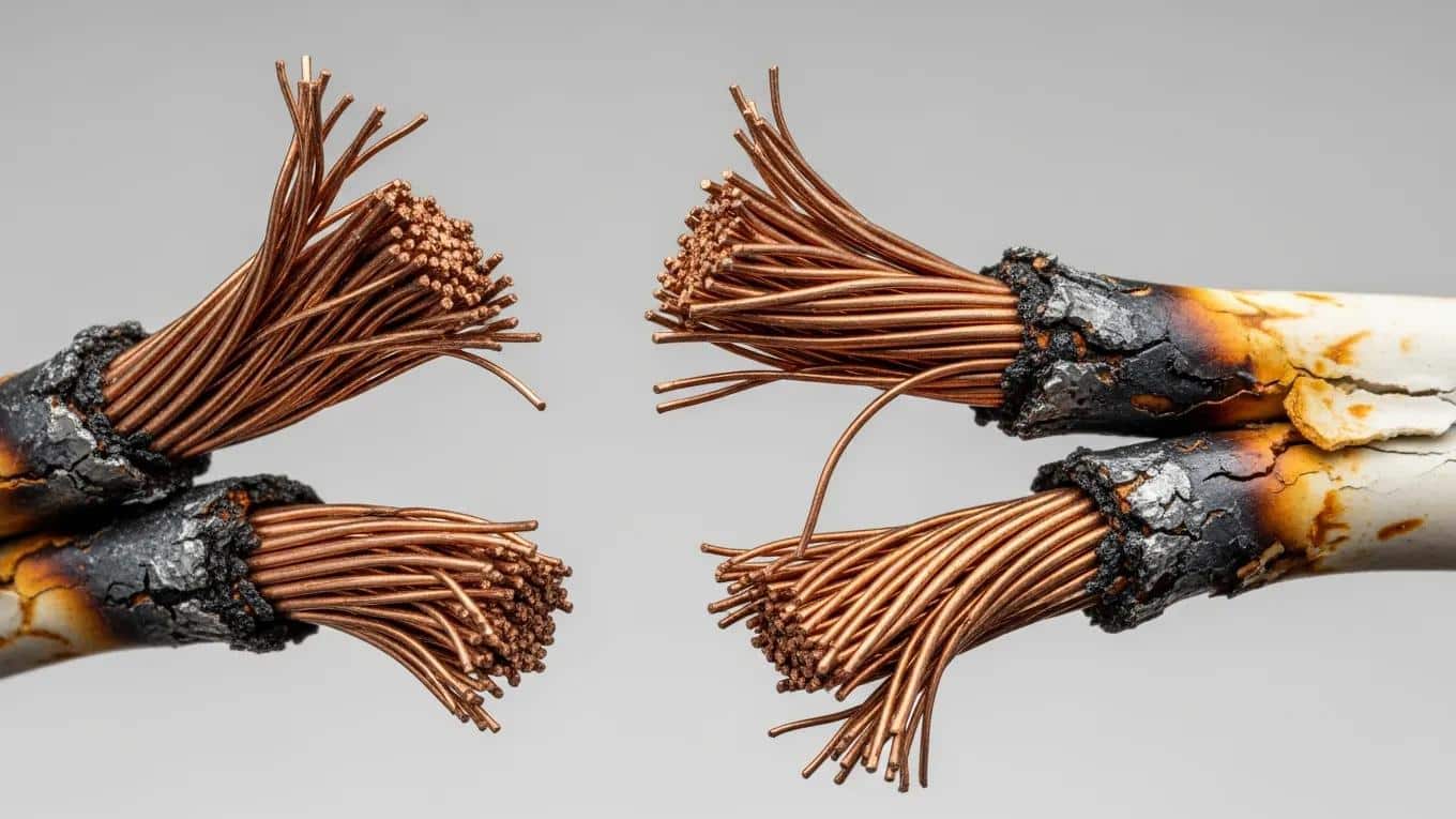 Close-up of frayed electrical wires indicating faulty wiring risks