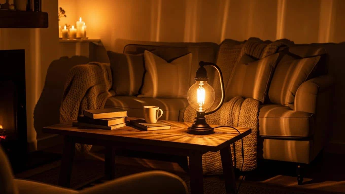 Cozy living room with flickering lights creating a warm atmosphere