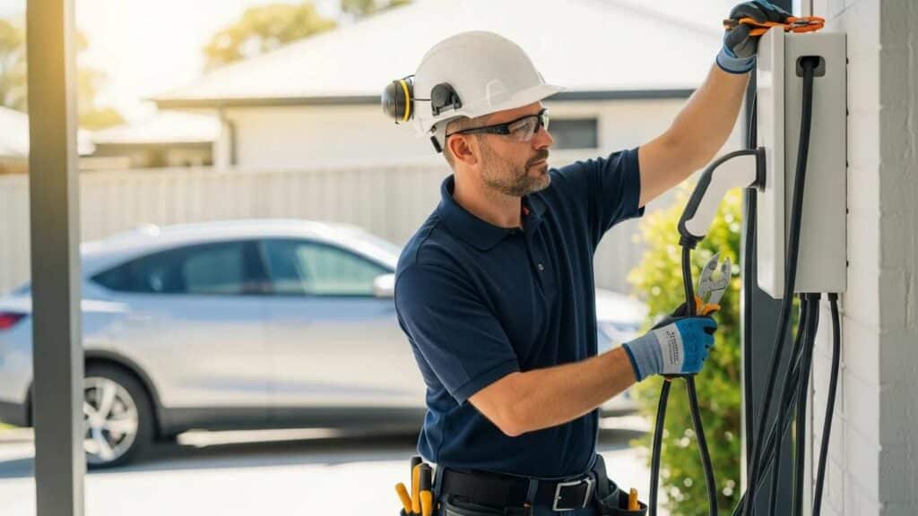 Electrician installing an EV charger at a home, highlighting the importance of professional installation