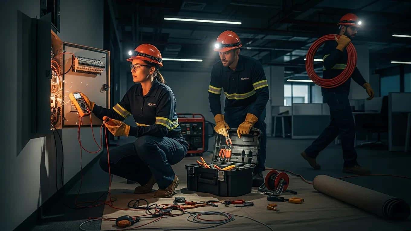 Electricians managing an emergency electrical service situation