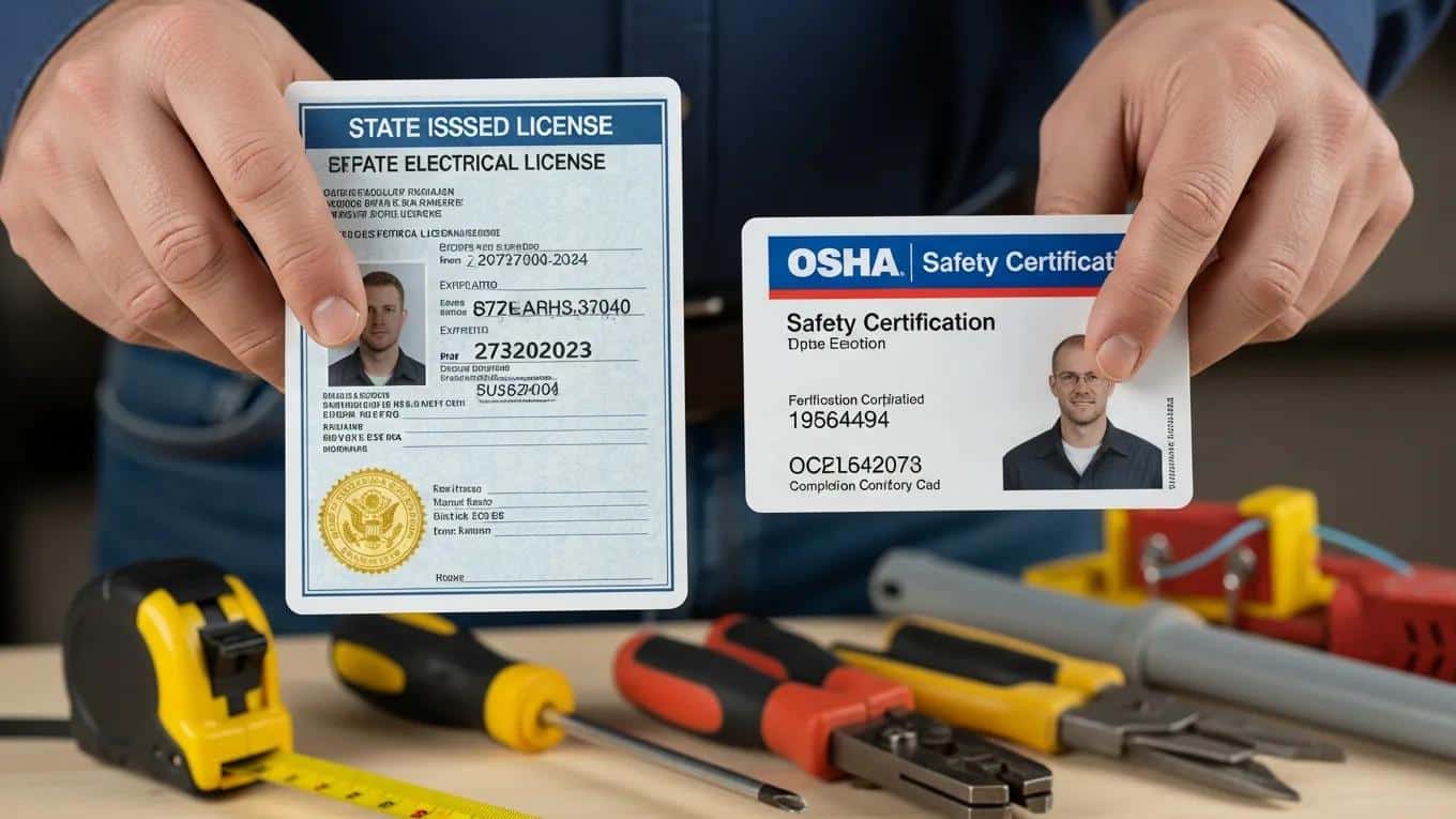 Electrician's qualifications including electrical license and safety certification