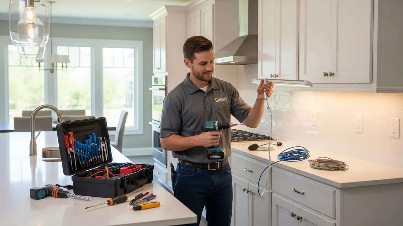 Local electrician installing energy-efficient LED lights in a modern kitchen