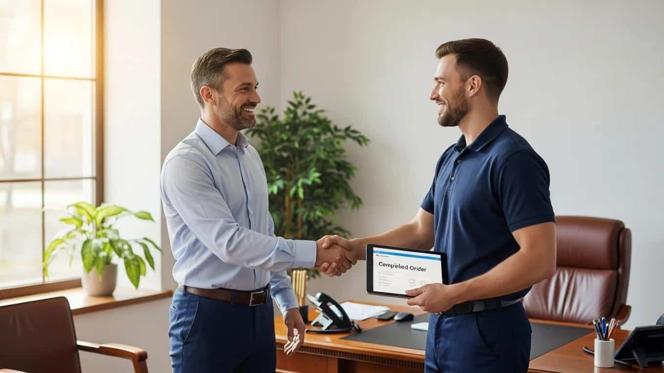 Satisfied business owner sharing positive feedback with a commercial electrician