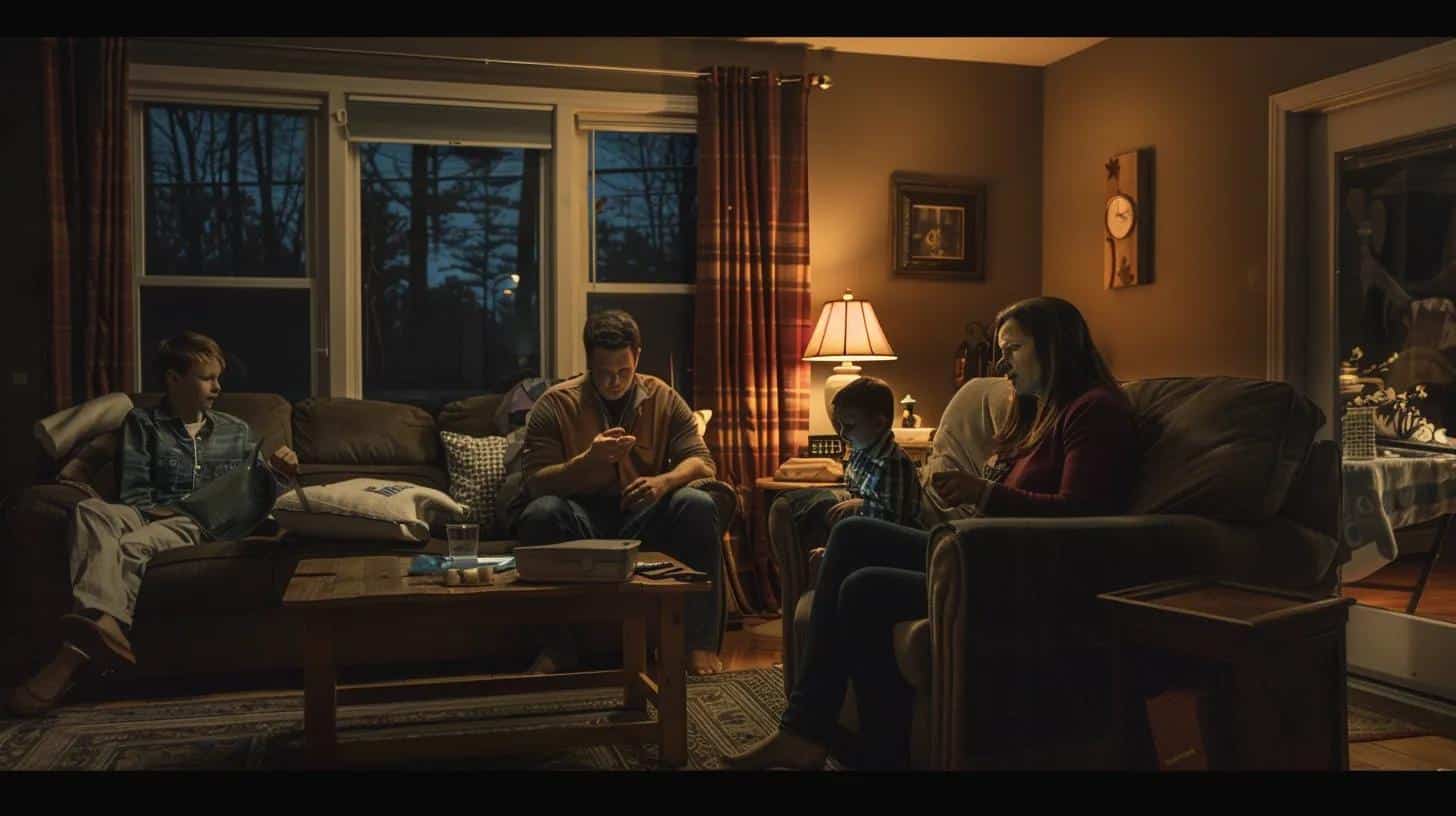 Family gathered in living room during power outage, whole home generator providing backup power.