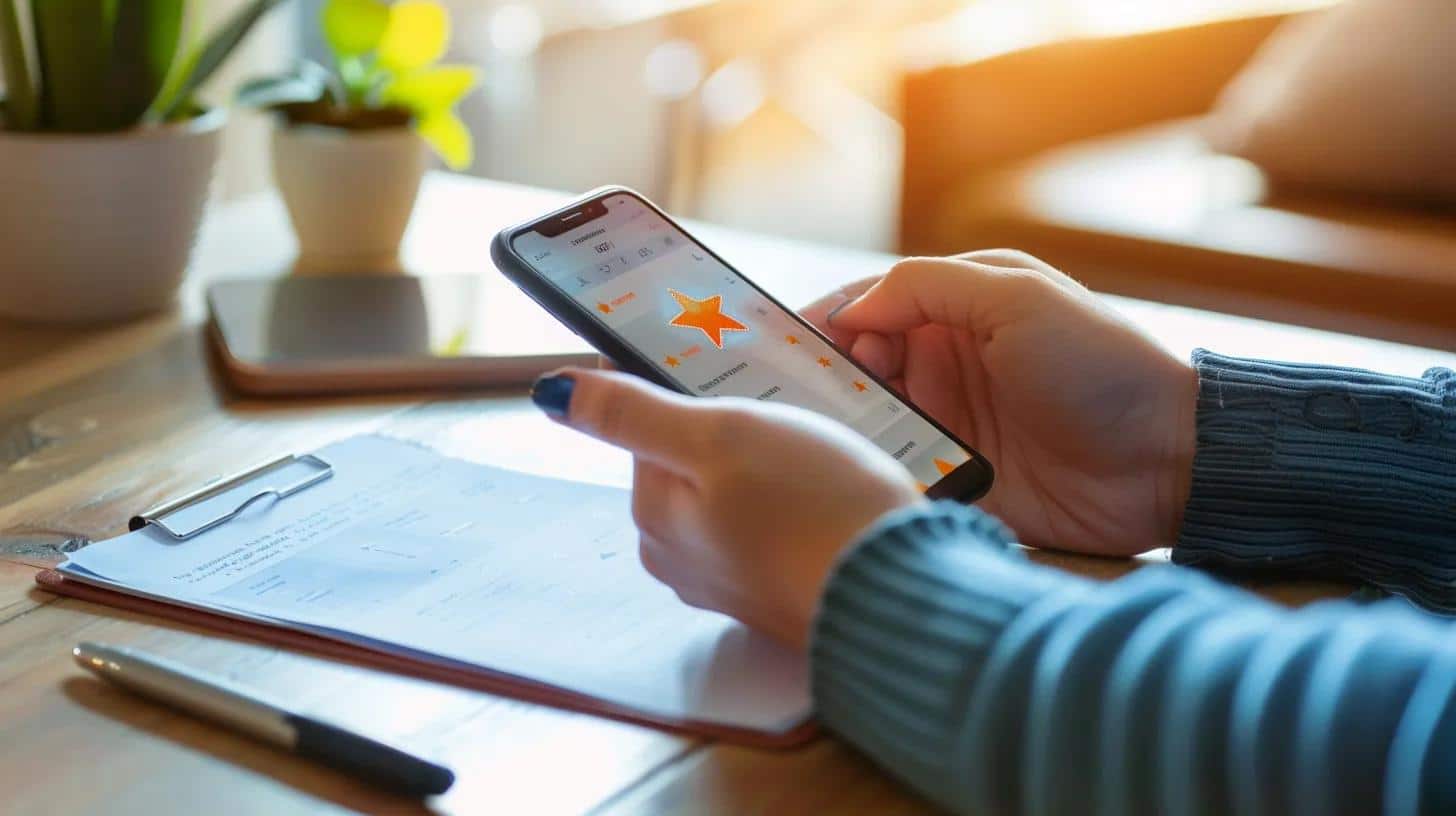 Person reading customer reviews on a smartphone, highlighting the importance of feedback in selecting an electrician