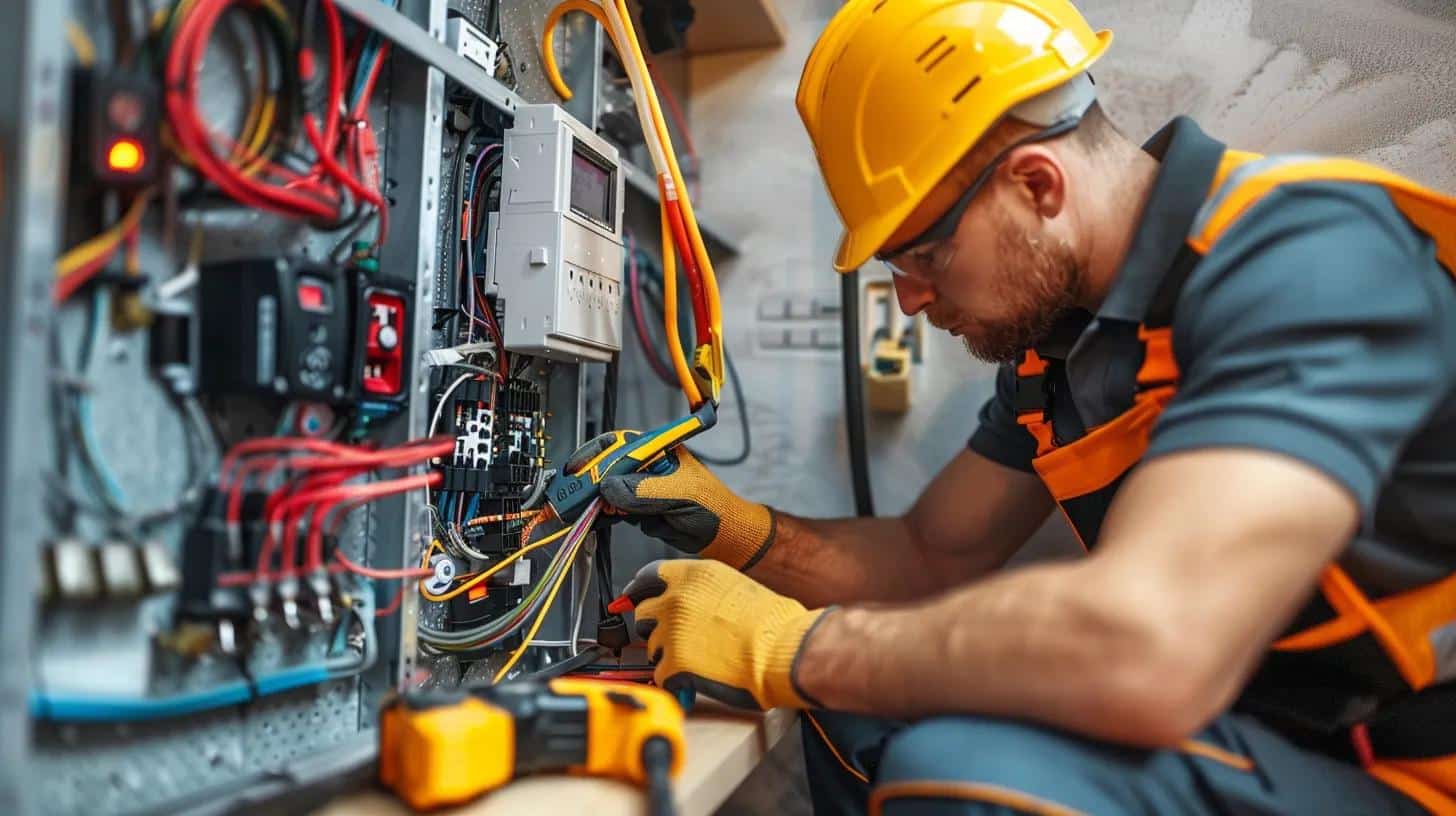 Licensed electrician diagnosing electrical issues with testing equipment in a home