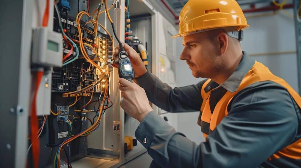 Electrician diagnosing electrical issues in a modern home, showcasing professional troubleshooting solutions