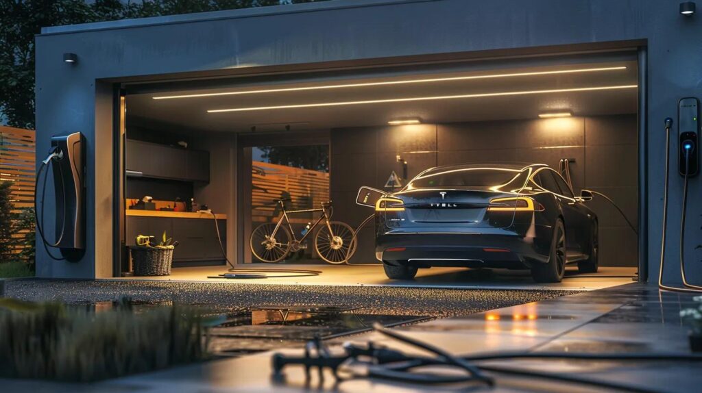 Tesla electric vehicle charging in a modern garage, home EV charger installation.
