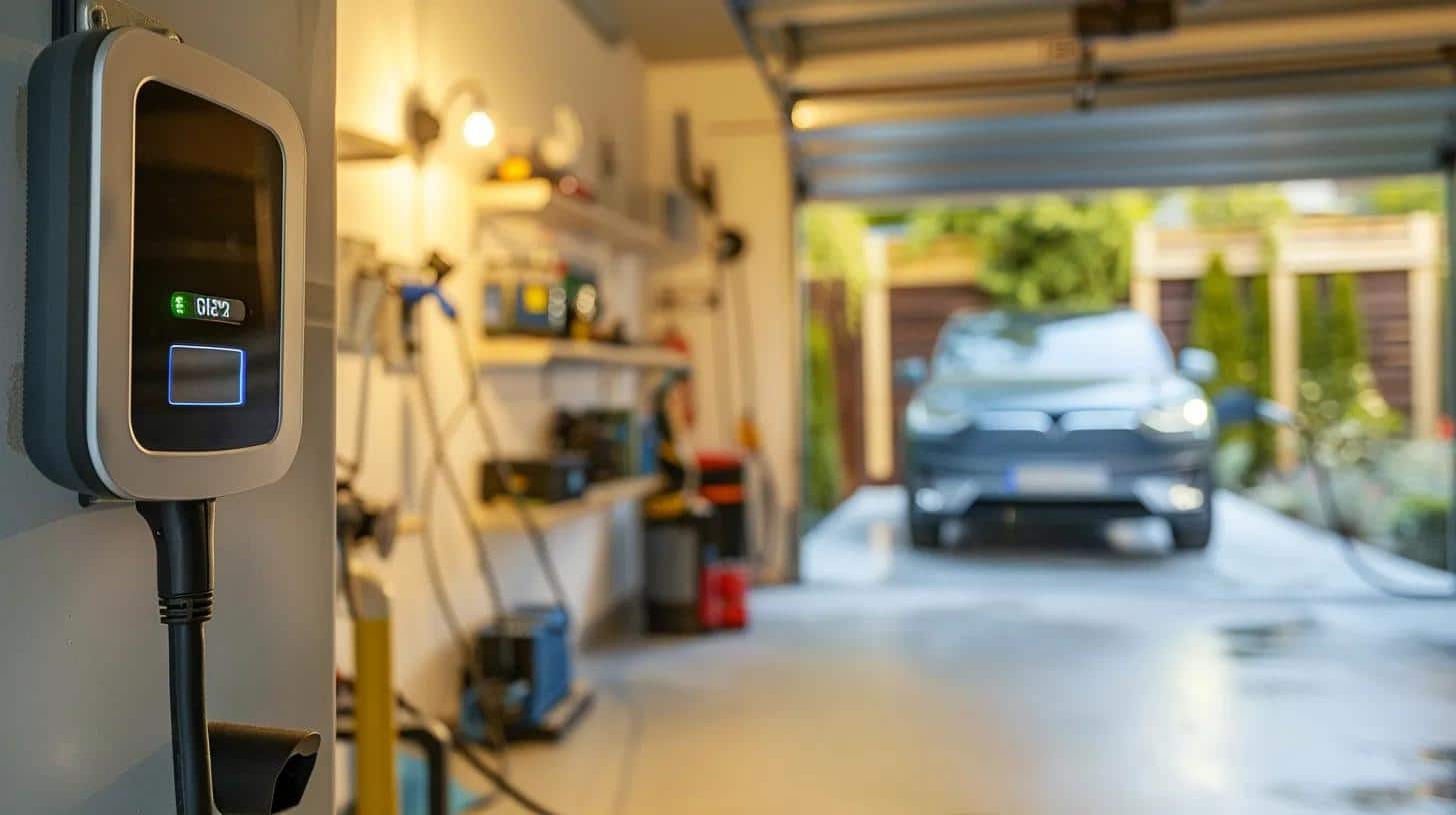 Level 2 EV charger installed in a residential garage and electric vehicle charging